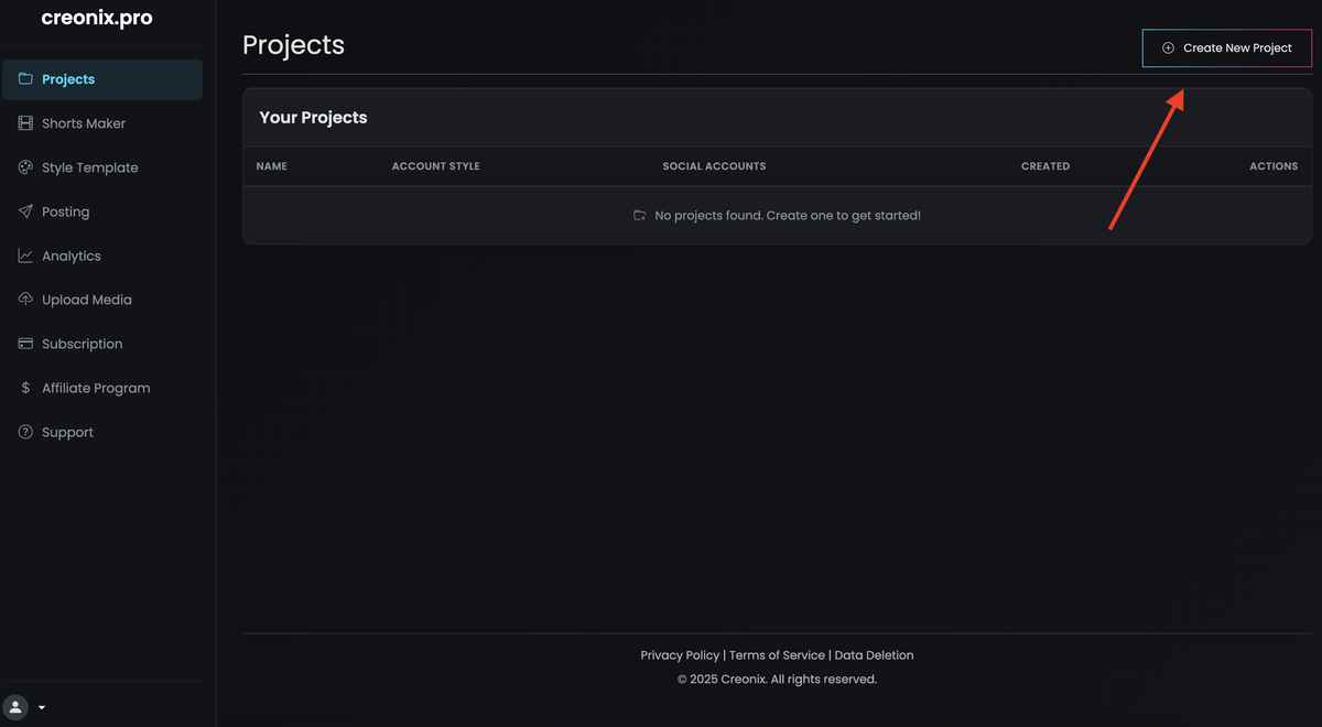 Projects Page - Create New Project